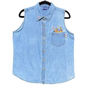 VTG Pooh Tigger Denim Sleeveless Shirt Women's L Collared Button Up Embroidered